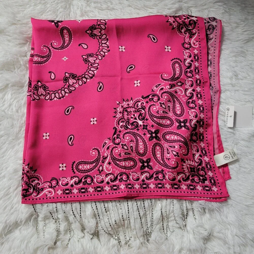 Versona Pink Bandana Scarf with Bling Fringe